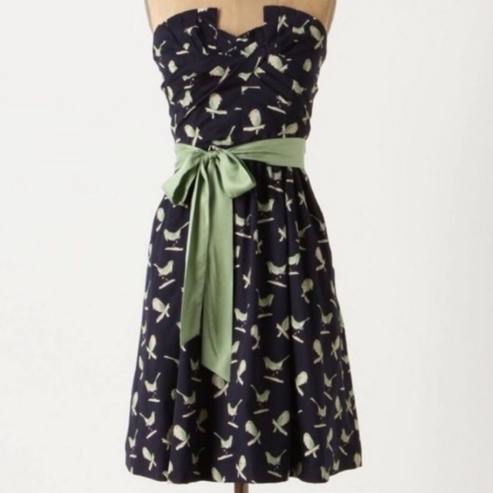 Size 12 Navy Anthropologie Bird Strapless Dress with Original Green Belt